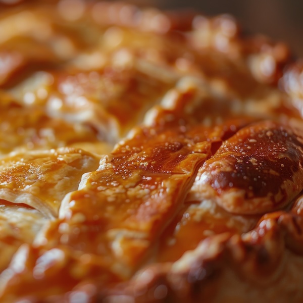 A freshly baked pie rests on top of a rustic wooden table, showcasing its golden crust and delicious filling.